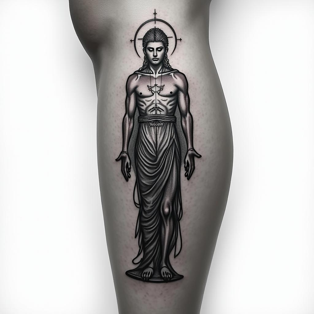 My name is BETE RENAUD, Use my name. Allude to modernity and God. It's a tattoo on the calf.higly detailed tattoo - Variation 7