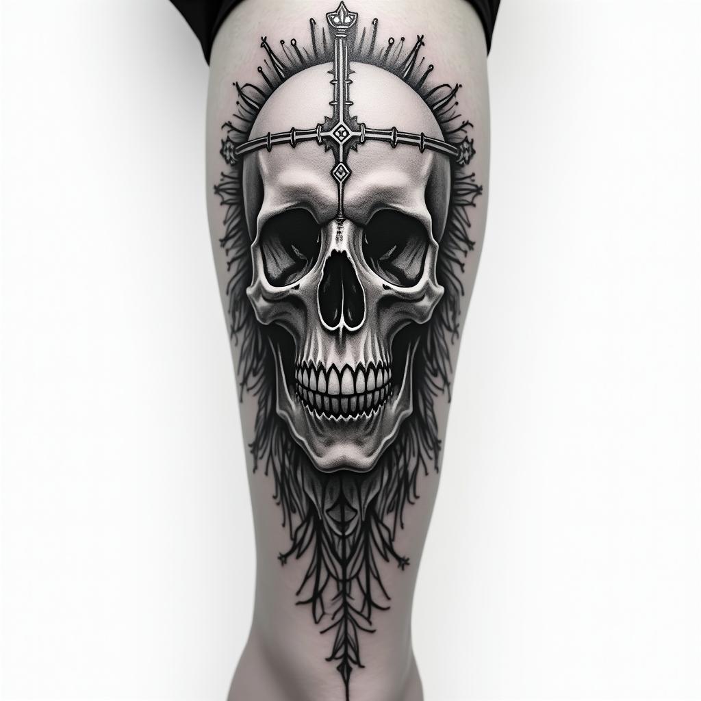 My name is BETE RENAUD, Use my name. Allude to modernity and God. It's a tattoo on the calf.higly detailed tattoo - Variation 8