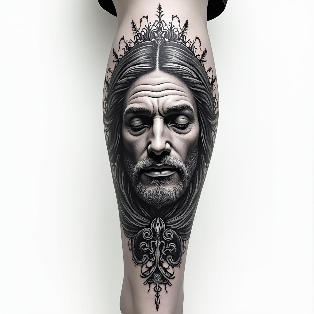 My name is BETE RENAUD, Use my name. Allude to modernity and God. It's a tattoo on the calf.higly detailed tattoo - Variation 5