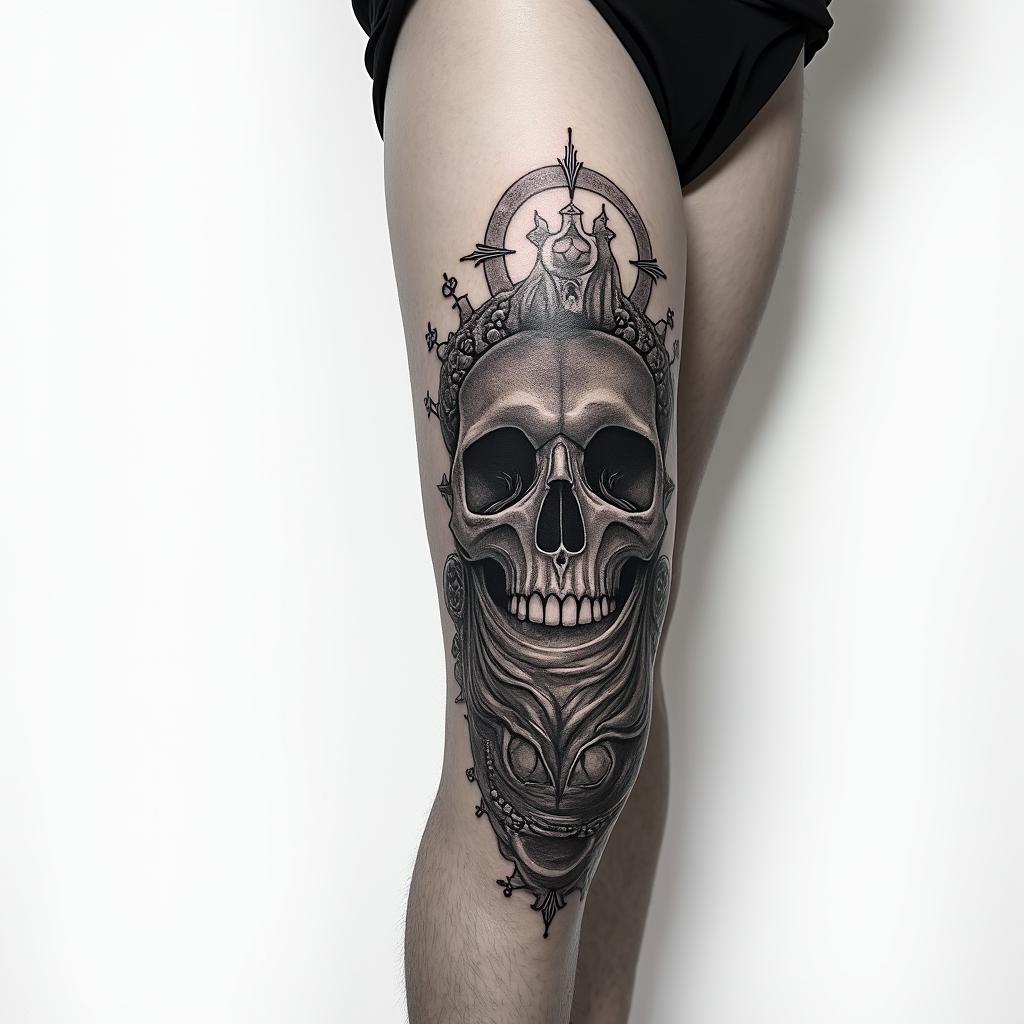 My name is BETE RENAUD, Use my name. Allude to modernity and God. It's a tattoo on the calf.higly detailed tattoo - Variation 6