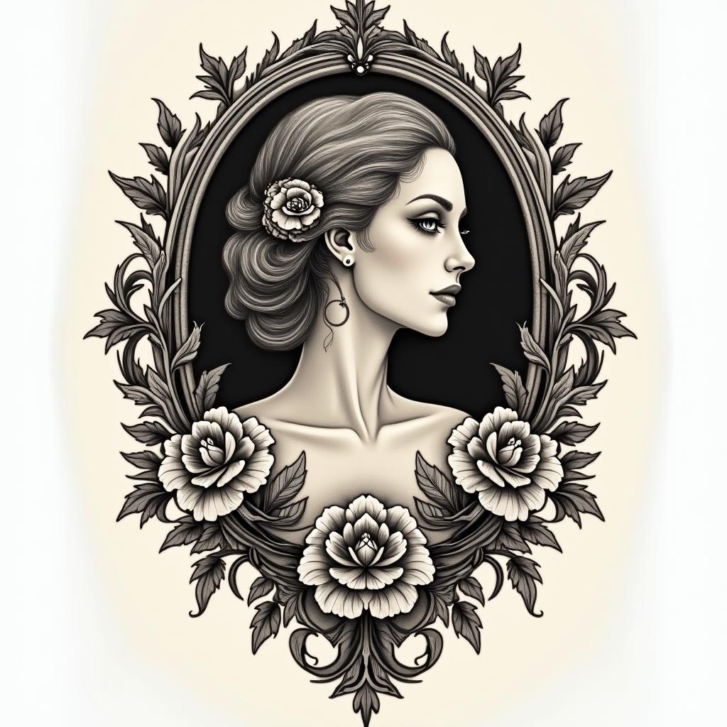 Woman of the moonin victorian style tattoo, featuring vintage and elegant elements, ornate frames, roses, antique, sepia-toned color scheme - Variation 4