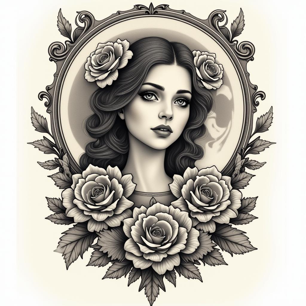 Woman of the moonin victorian style tattoo, featuring vintage and elegant elements, ornate frames, roses, antique, sepia-toned color scheme - Variation 1