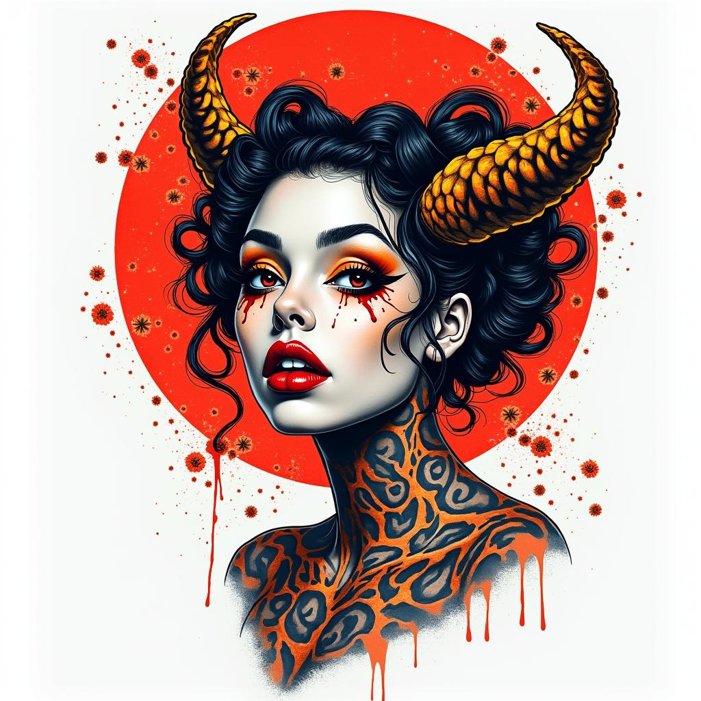 Kendriana, Scorpio, Hahirain pop art style tattoo, featuring bold and vibrant colors, exaggerated outlines, iconic imagery, inspired by comic books and speech bubbles, comic book characters, retro pop culture - Variation 3