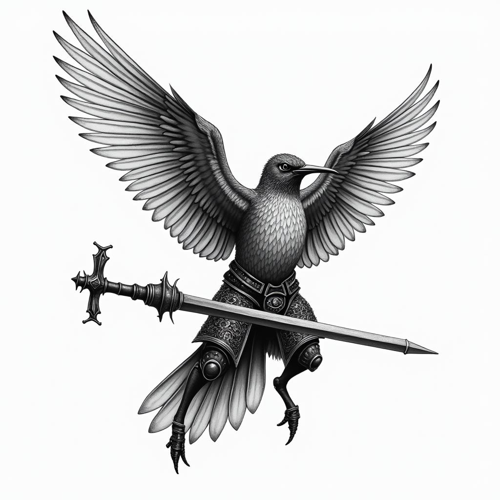 Hummings fighting an epic battle in armorhigly detailed tattoo