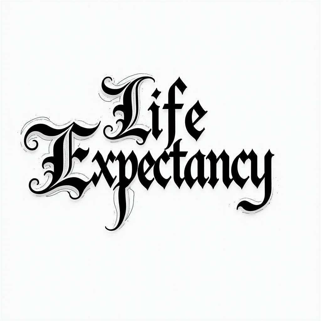 "Life expectancy"text-based tattoo, gothic font ultra-realistic, perfectly placed, high-quality font design, photo-realistic shading, 8k, high quality, finely detailed typography