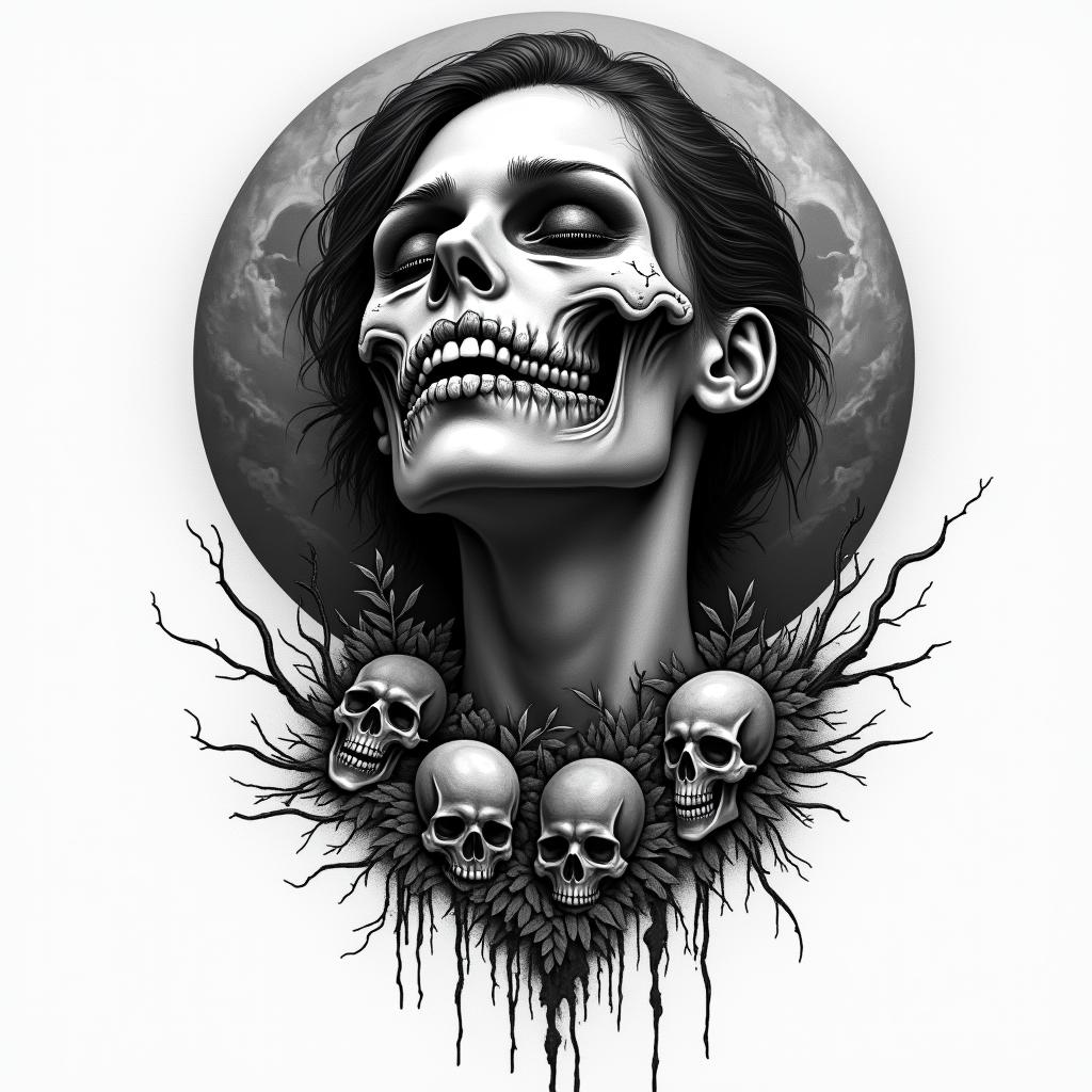 Woman of the moon in horror tattoo style, showcasing haunting and unsettling, dark and gritty textures with skulls, eerie faces, jgged designs, bold and intense shading - Variation 2