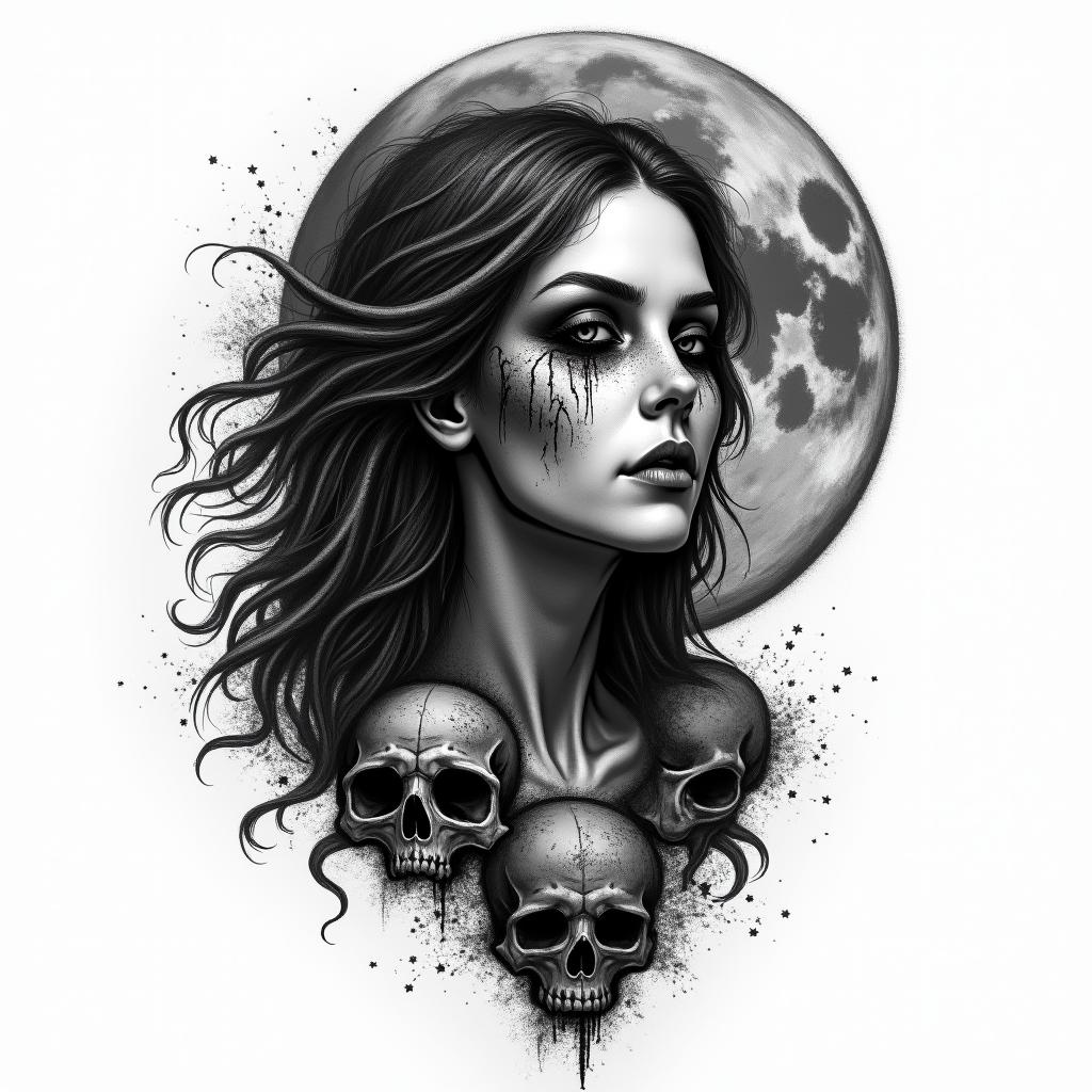 Woman of the moon in horror tattoo style, showcasing haunting and unsettling, dark and gritty textures with skulls, eerie faces, jgged designs, bold and intense shading - Variation 3