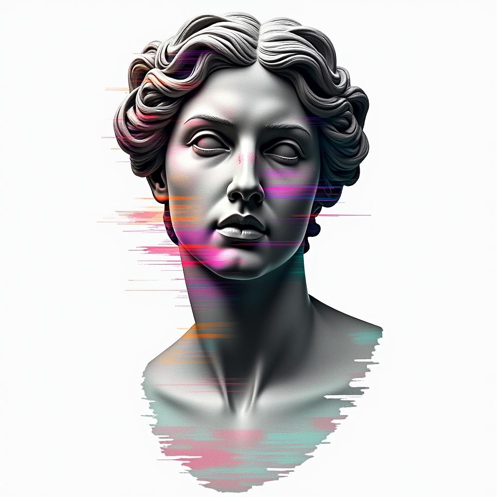 Silent Hillin distorted and fragmented tattoo design, featuring a classical statue bust, in a glitch art style with vibrant, overlapping colors of cyan, magenta, and yellow, creating a digital distortion effect - Variation 4