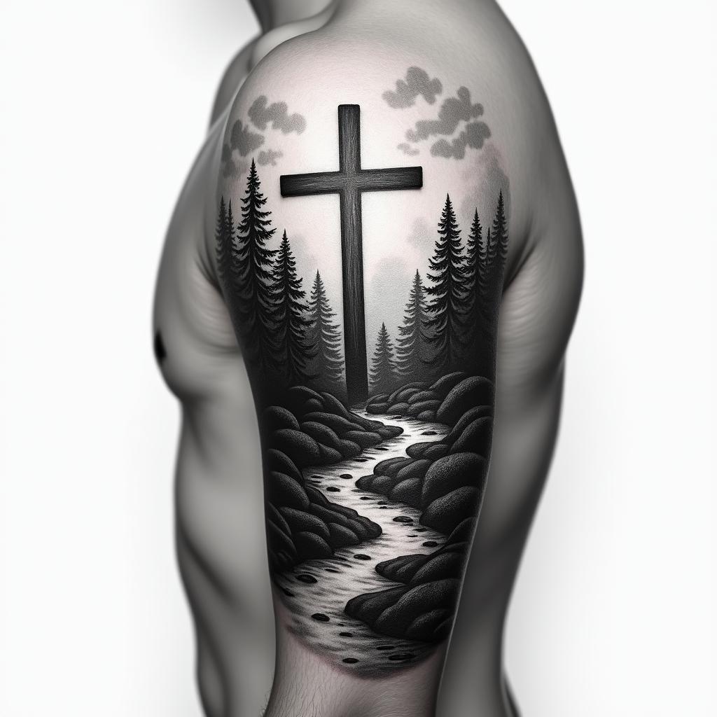 I have a cross on my arm that has beams of light /rays of light coming around it the cross is pretty big. It sits directly in the middle of my arm closer to my shoulder. I want you to create a tattoo of a scenery of woods in the Appalachian Mountains behind the cross rather than below it or on the side of it I wanna stream of water flowing from the mountains as well make the tattoo look shady, but dark at the same time also, I want to add a few animals and nature inside of the tattoo and a place where I can put a Bible verse. I wanted a half sleeve and it can be a little bit bigger than a half a sleeve.higly detailed tattoo