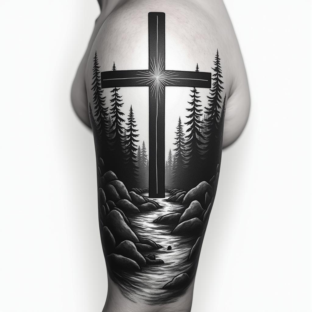 I have a cross on my arm that has beams of light /rays of light coming around it the cross is pretty big. It sits directly in the middle of my arm closer to my shoulder. I want you to create a tattoo of a scenery of woods in the Appalachian Mountains behind the cross rather than below it or on the side of it I wanna stream of water flowing from the mountains as well make the tattoo look shady, but dark at the same time also, I want to add a few animals and nature inside of the tattoo and a place where I can put a Bible verse. I wanted a half sleeve and it can be a little bit bigger than a half a sleeve.higly detailed tattoo - Variation 4