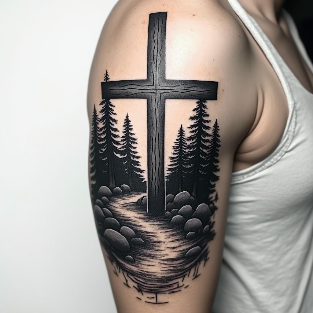 I have a cross on my arm that has beams of light /rays of light coming around it the cross is pretty big. It sits directly in the middle of my arm closer to my shoulder. I want you to create a tattoo of a scenery of woods in the Appalachian Mountains behind the cross rather than below it or on the side of it I wanna stream of water flowing from the mountains as well make the tattoo look shady, but dark at the same time also, I want to add a few animals and nature inside of the tattoo and a place where I can put a Bible verse. I wanted a half sleeve and it can be a little bit bigger than a half a sleeve.higly detailed tattoo - Variation 3