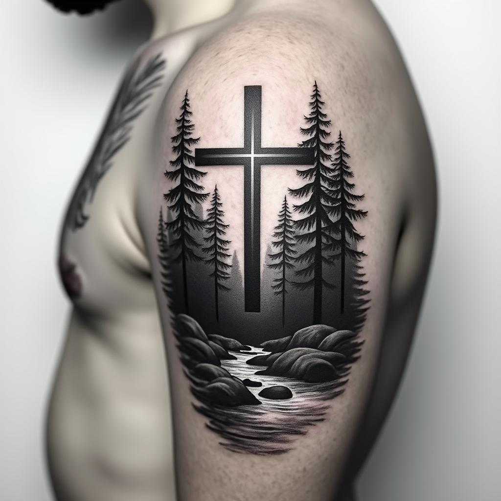 I have a cross on my arm that has beams of light /rays of light coming around it the cross is pretty big. It sits directly in the middle of my arm closer to my shoulder. I want you to create a tattoo of a scenery of woods in the Appalachian Mountains behind the cross rather than below it or on the side of it I wanna stream of water flowing from the mountains as well make the tattoo look shady, but dark at the same time also, I want to add a few animals and nature inside of the tattoo and a place where I can put a Bible verse. I wanted a half sleeve and it can be a little bit bigger than a half a sleeve.higly detailed tattoo - Variation 2