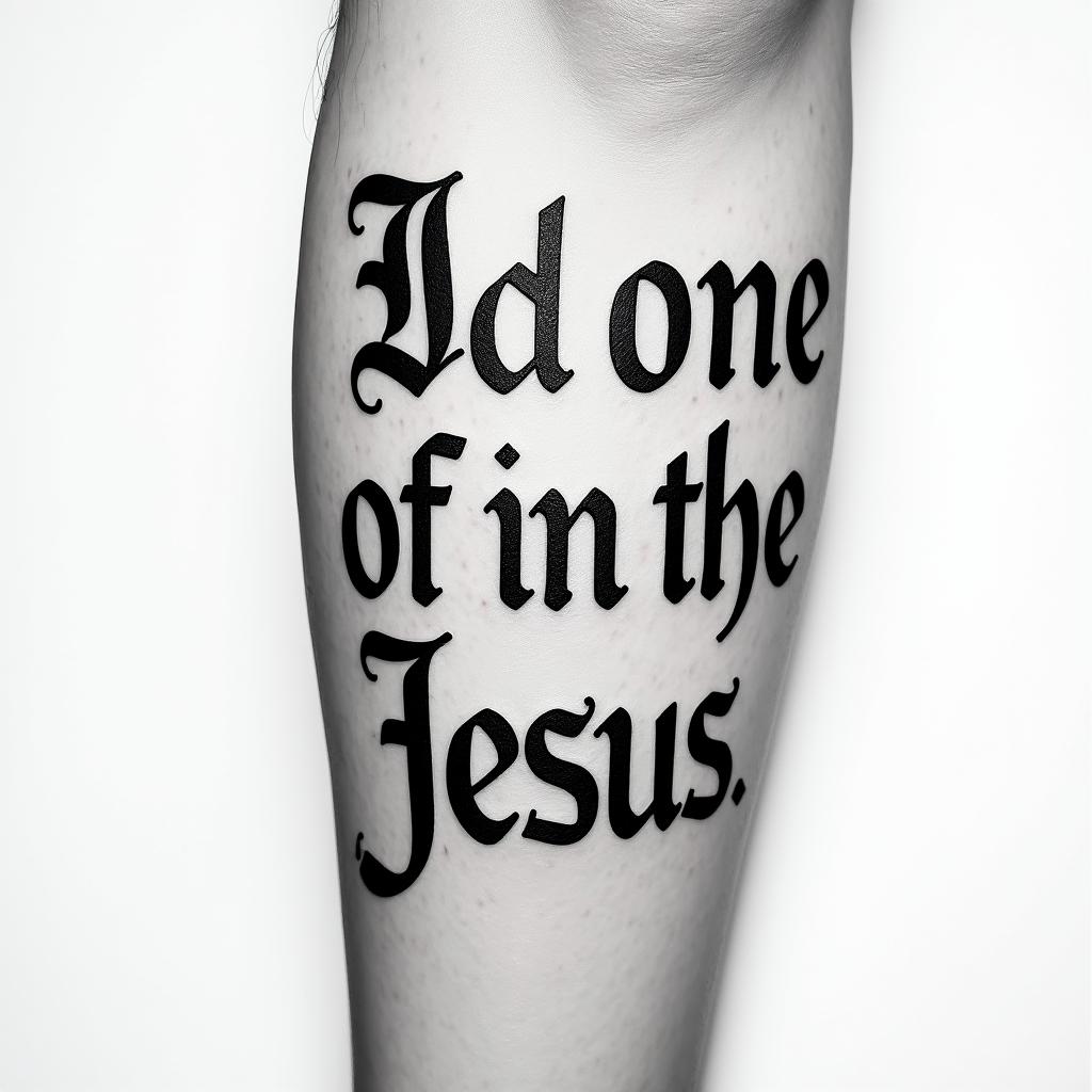 In the arm of Jesustext-based tattoo, japanese font ultra-realistic, perfectly placed, high-quality font design, photo-realistic shading, 8k, high quality, finely detailed typograph - Variation 2