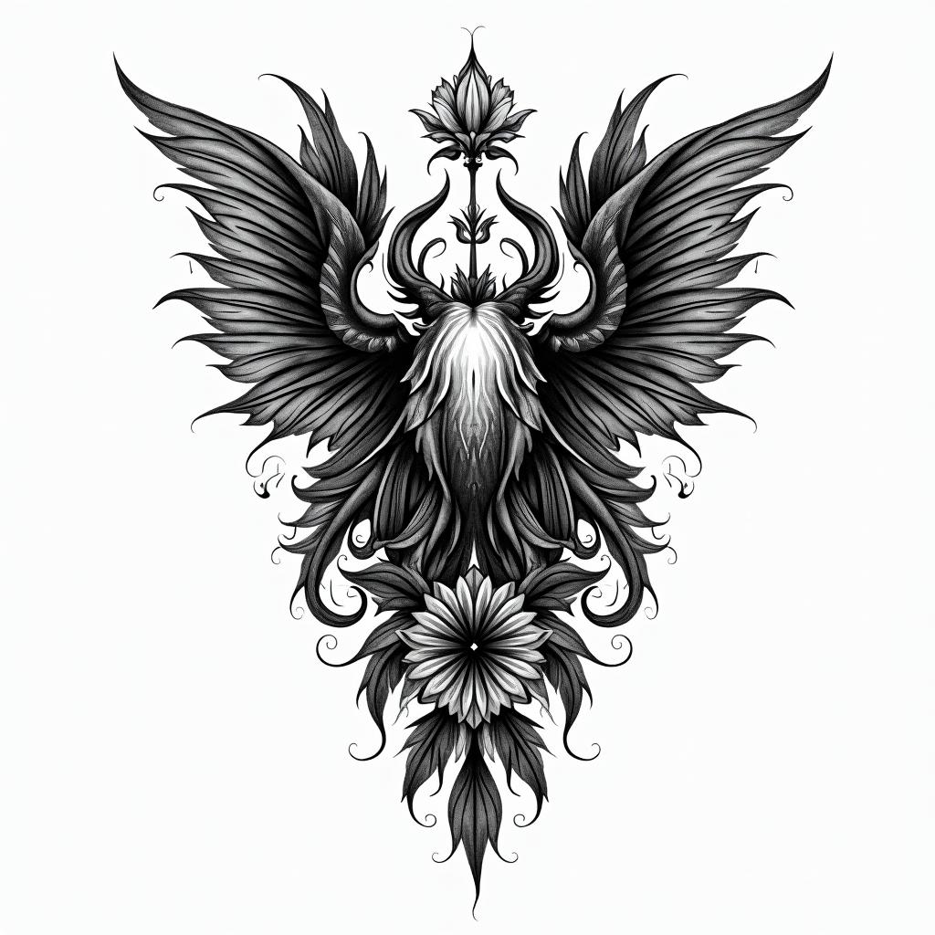 Black forest, anger, strengthin ornamental tattoo style, featuring intricate symmetrical patterns and floral designs, showcasing highly detailed line work and geometric shapes, creating a sense of elegance and balance