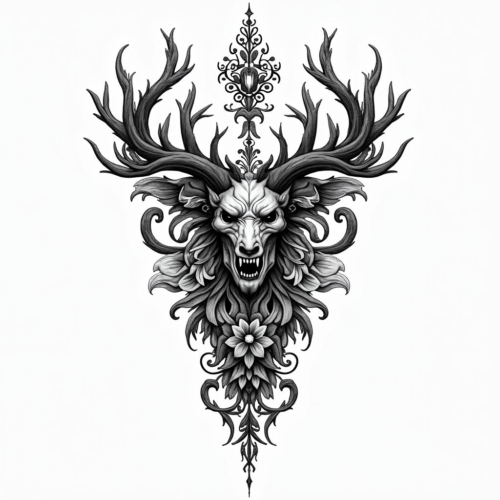 Black forest, anger, strengthin ornamental tattoo style, featuring intricate symmetrical patterns and floral designs, showcasing highly detailed line work and geometric shapes, creating a sense of elegance and balance - Variation 2