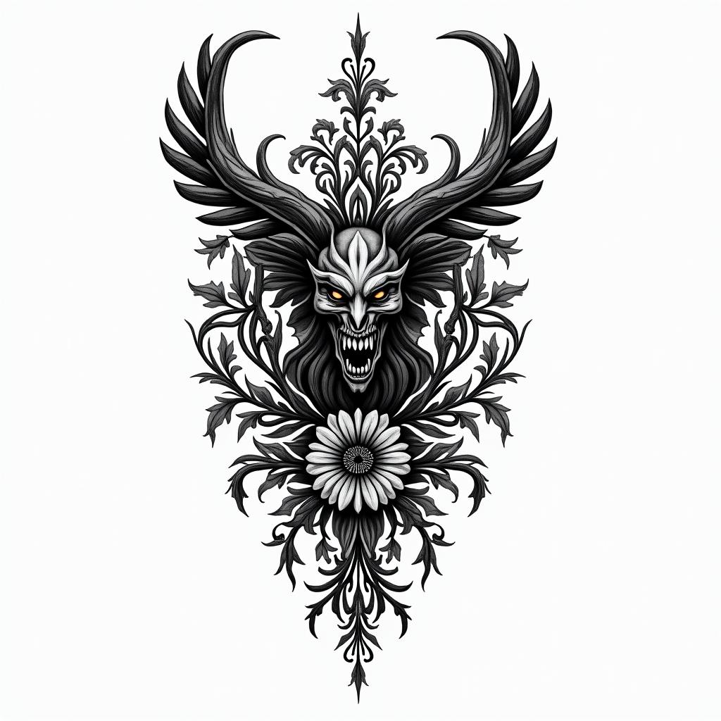 Black forest, anger, strengthin ornamental tattoo style, featuring intricate symmetrical patterns and floral designs, showcasing highly detailed line work and geometric shapes, creating a sense of elegance and balance - Variation 3
