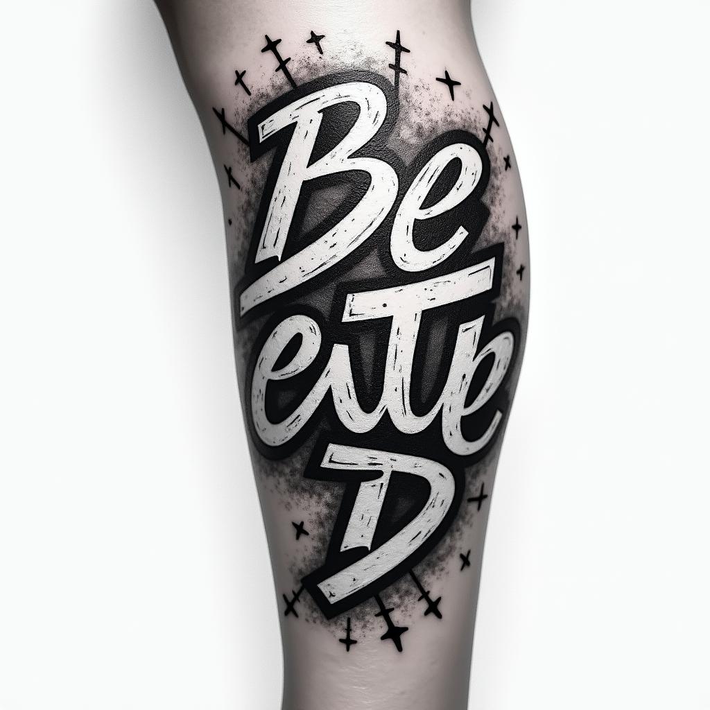 My name is BETE RENAUD, Use my name. Allude to modernity and God. It’s a tattoo on the calf.in graffiti style tattoo, featuring bold and dynamic street art elements, spray-paint texture with exaggerated lines and expressive, chaotic brushstrokes, intricate lettering incorporated with graffiti tags, symbols like hearts, stars, and wings - Variation 3