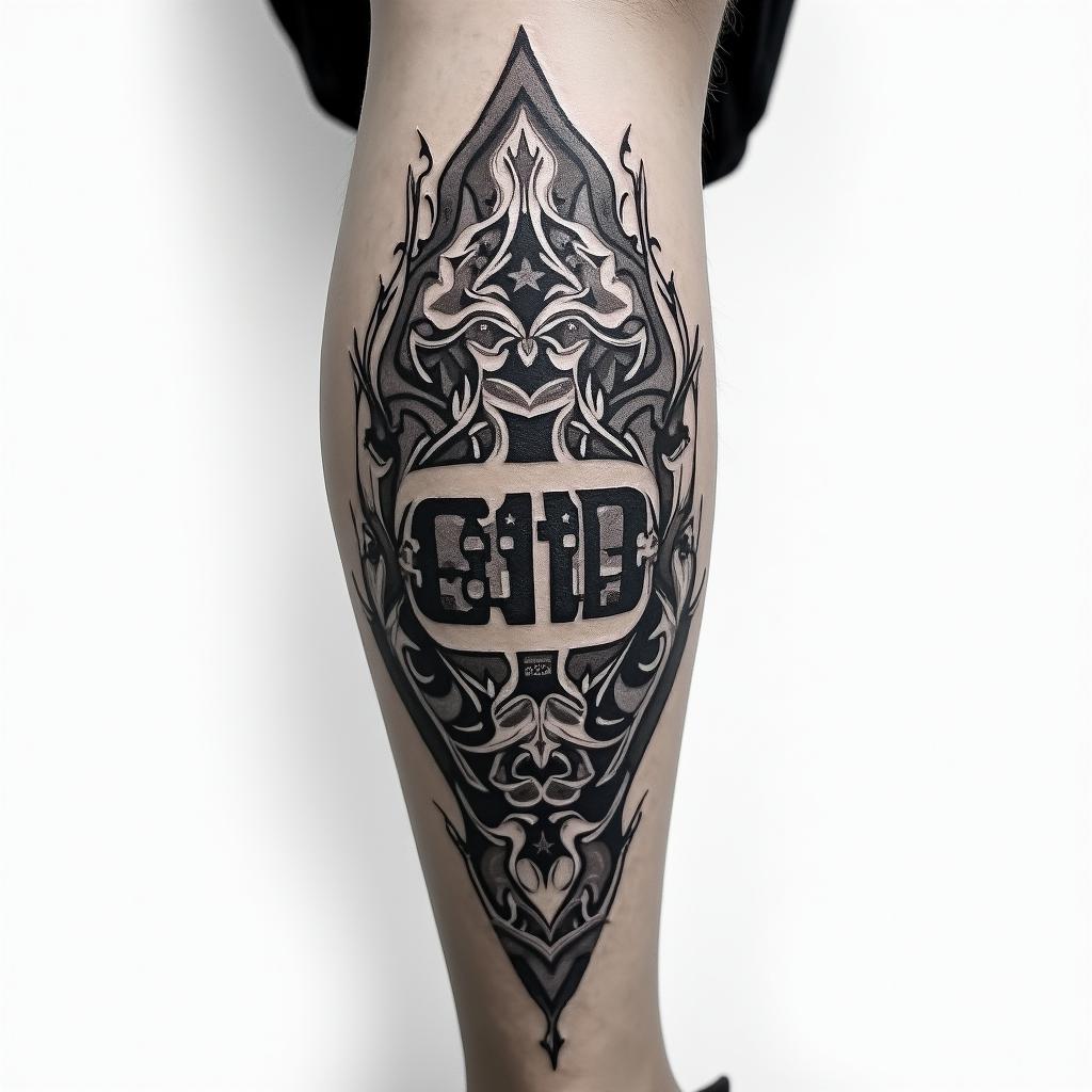 My name is BETE RENAUD, Use my name. Allude to modernity and God. It’s a tattoo on the calf.in graffiti style tattoo, featuring bold and dynamic street art elements, spray-paint texture with exaggerated lines and expressive, chaotic brushstrokes, intricate lettering incorporated with graffiti tags, symbols like hearts, stars, and wings - Variation 2