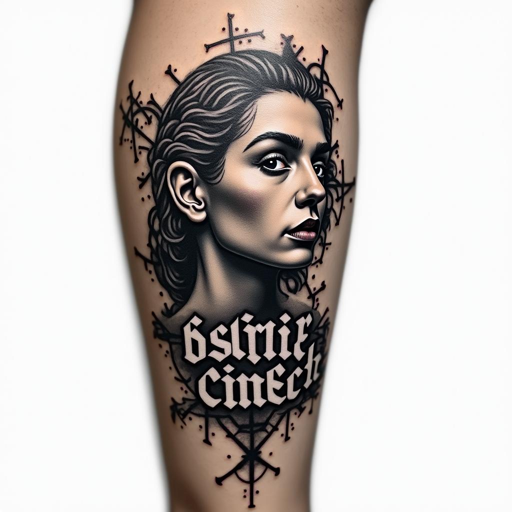 My name is BETE RENAUD, Use my name. Allude to modernity and God. It’s a tattoo on the calf.in graffiti style tattoo, featuring bold and dynamic street art elements, spray-paint texture with exaggerated lines and expressive, chaotic brushstrokes, intricate lettering incorporated with graffiti tags, symbols like hearts, stars, and wings