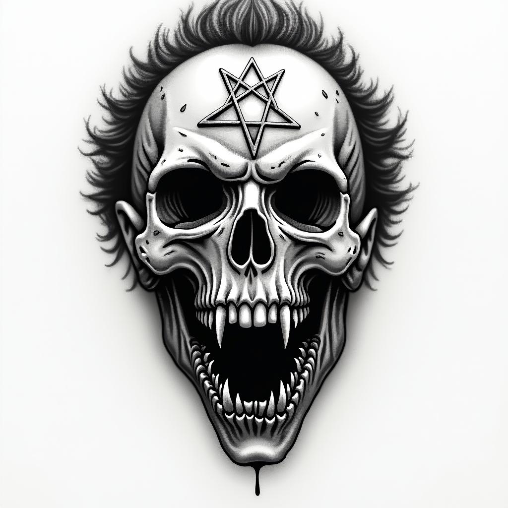 Michael Myerscreepy horror tattoo style, featuring an eerie and unsettling skull of a demonic creature, distorted face with sharp fangs, add pentagram symbol - Variation 4