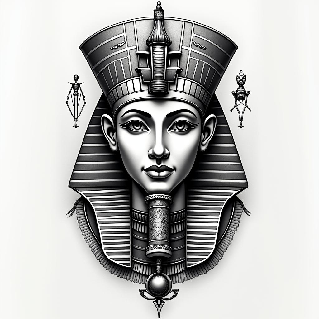 Griechischer stylein egyptian style tattoo, bold elements of ancient egyptian culture including a portrait of an Egyptian pharaoh with detailed facial features, in hieroglyphs and symbolic imagery, eye of horus, ankh symbol, scarab beetle - Variation 2