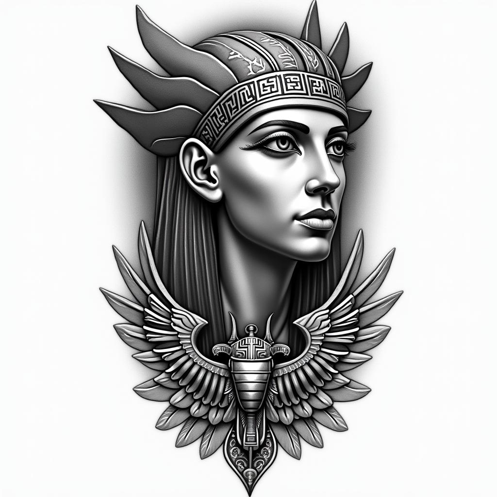 Griechischer stylein egyptian style tattoo, bold elements of ancient egyptian culture including a portrait of an Egyptian pharaoh with detailed facial features, in hieroglyphs and symbolic imagery, eye of horus, ankh symbol, scarab beetle - Variation 3