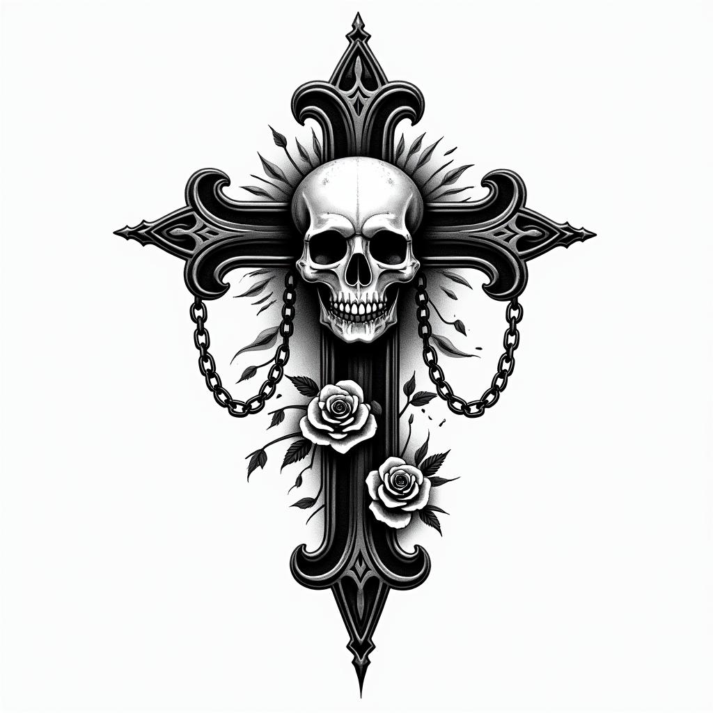 Kendriana, Scorpio, Hahirain chicano style tattoo, featuring intricate black and grey shading, bold elements of traditional chicano culture symbols, add a big cross with skull, chains and roses - Variation 4