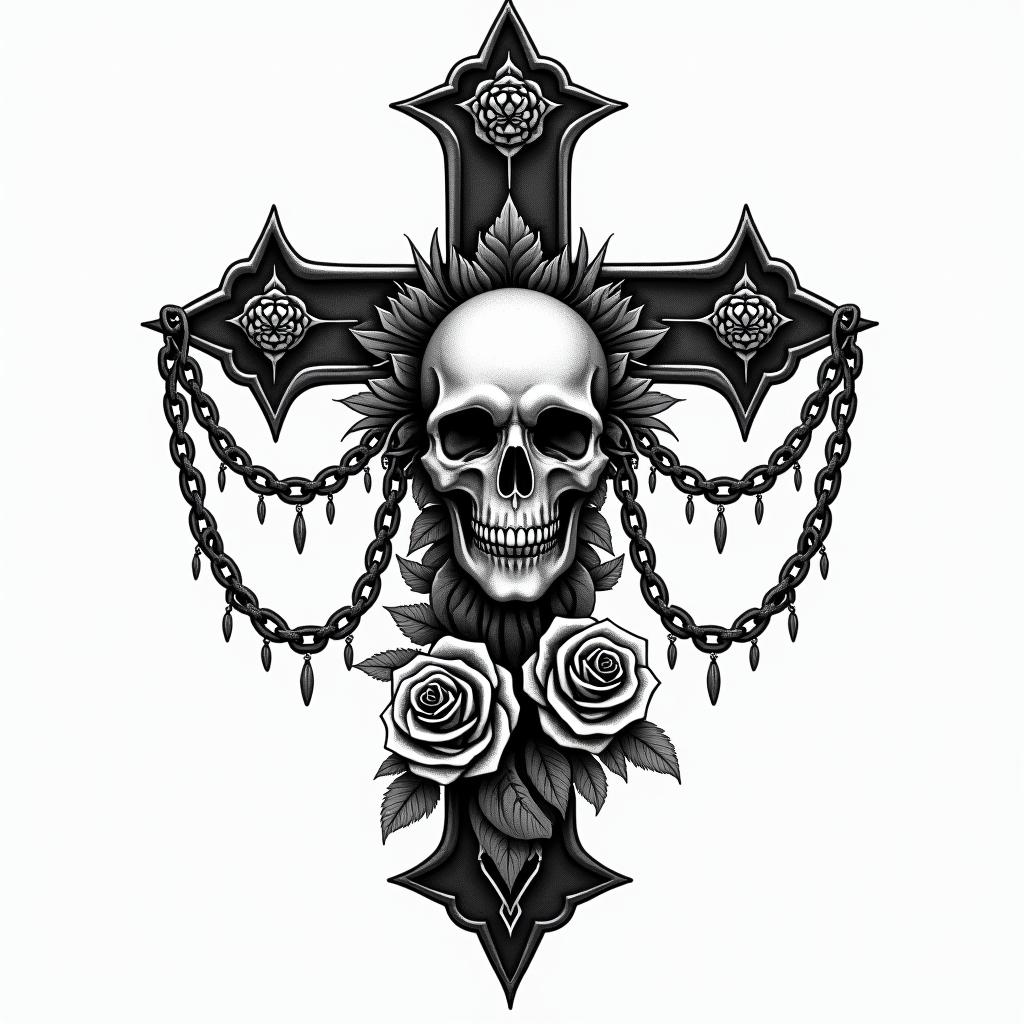Kendriana, Scorpio, Hahirain chicano style tattoo, featuring intricate black and grey shading, bold elements of traditional chicano culture symbols, add a big cross with skull, chains and roses - Variation 3