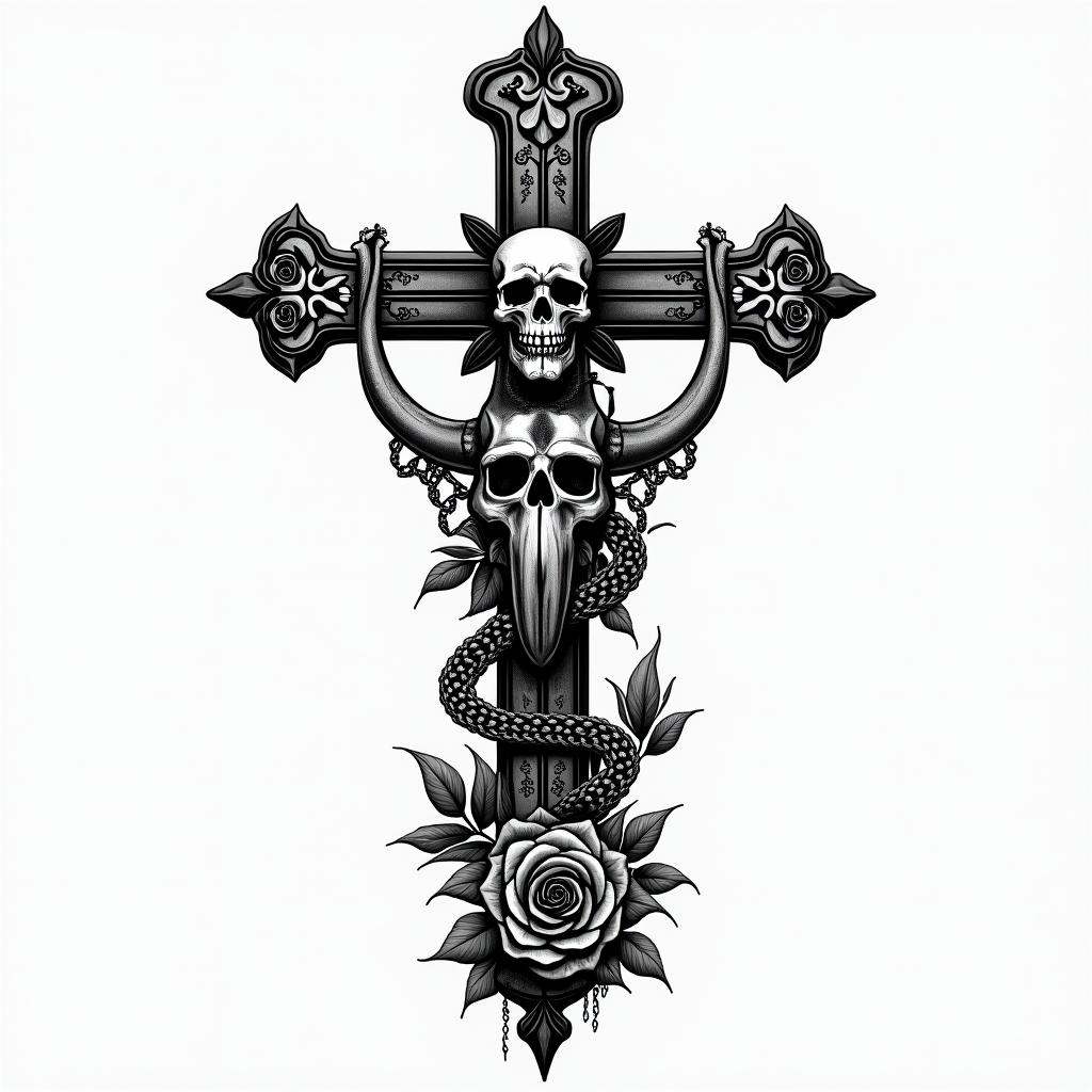 Kendriana, Scorpio, Hahirain chicano style tattoo, featuring intricate black and grey shading, bold elements of traditional chicano culture symbols, add a big cross with skull, chains and roses