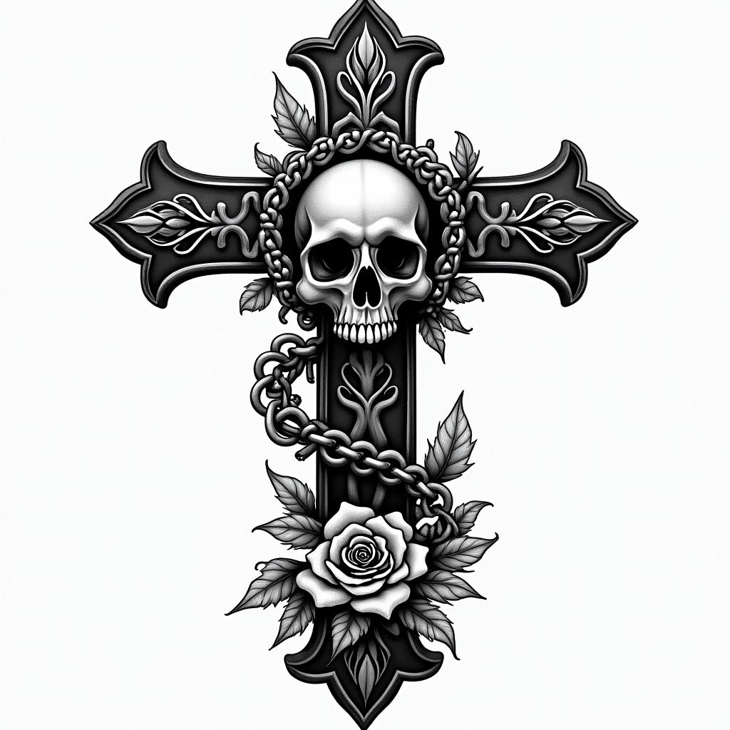 Kendriana, Scorpio, Hahirain chicano style tattoo, featuring intricate black and grey shading, bold elements of traditional chicano culture symbols, add a big cross with skull, chains and roses - Variation 2