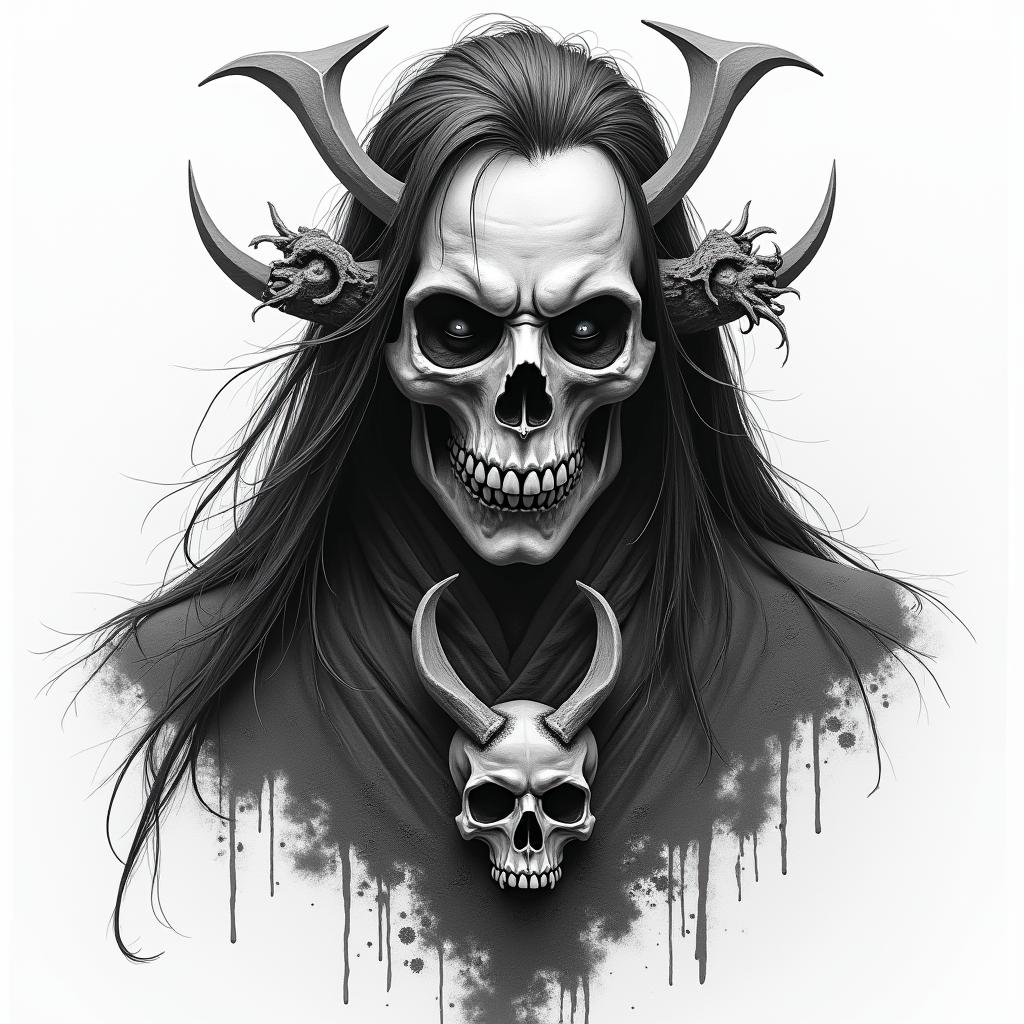 The last Samurai in sorrow in horror tattoo style, showcasing haunting and unsettling, dark and gritty textures with skulls, eerie faces, jgged designs, bold and intense shading