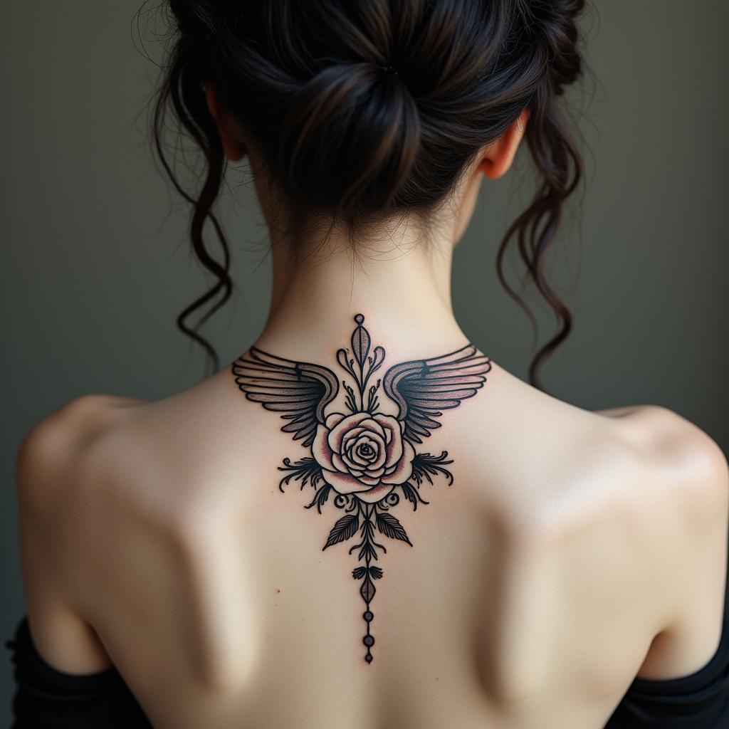 333 in a line with angel wings on neckin victorian style tattoo, featuring vintage and elegant elements, ornate frames, roses, antique, sepia-toned color scheme