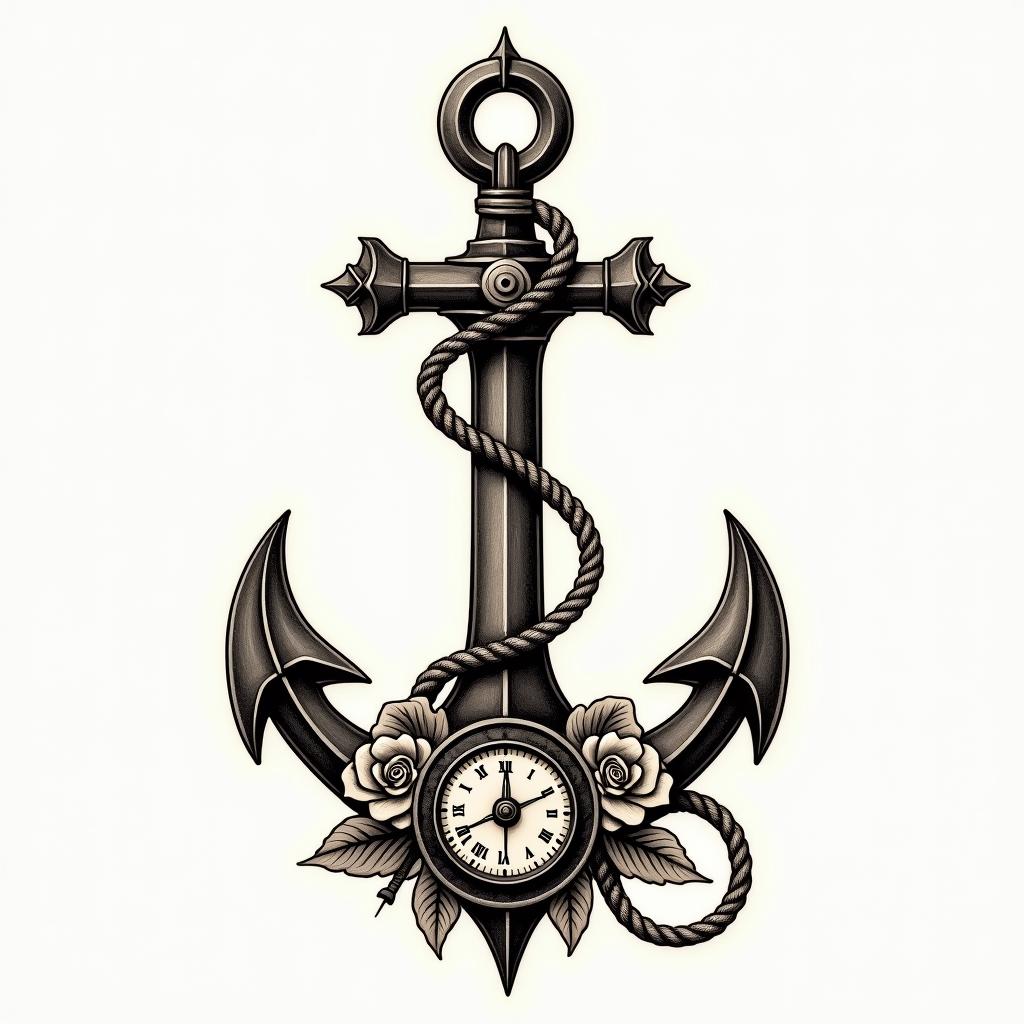 Anchor with nautical rope and compassin victorian style tattoo, featuring vintage and elegant elements, ornate frames, roses, antique, sepia-toned color scheme - Variation 10