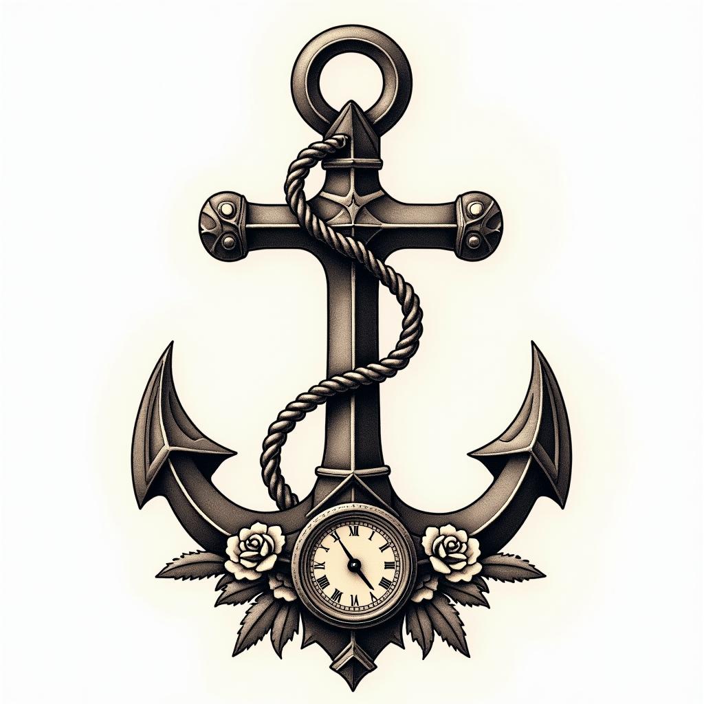 Anchor with nautical rope and compassin victorian style tattoo, featuring vintage and elegant elements, ornate frames, roses, antique, sepia-toned color scheme - Variation 12