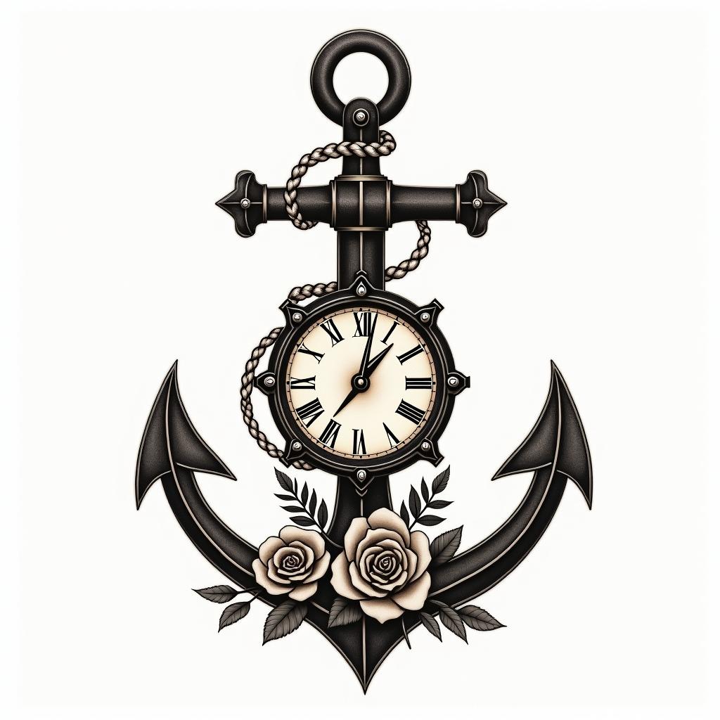 Anchor with nautical rope and compassin victorian style tattoo, featuring vintage and elegant elements, ornate frames, roses, antique, sepia-toned color scheme - Variation 9