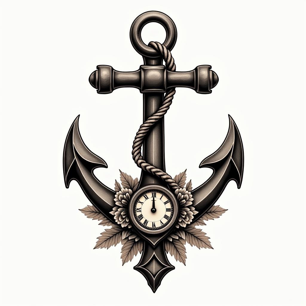 Anchor with nautical rope and compassin victorian style tattoo, featuring vintage and elegant elements, ornate frames, roses, antique, sepia-toned color scheme - Variation 11