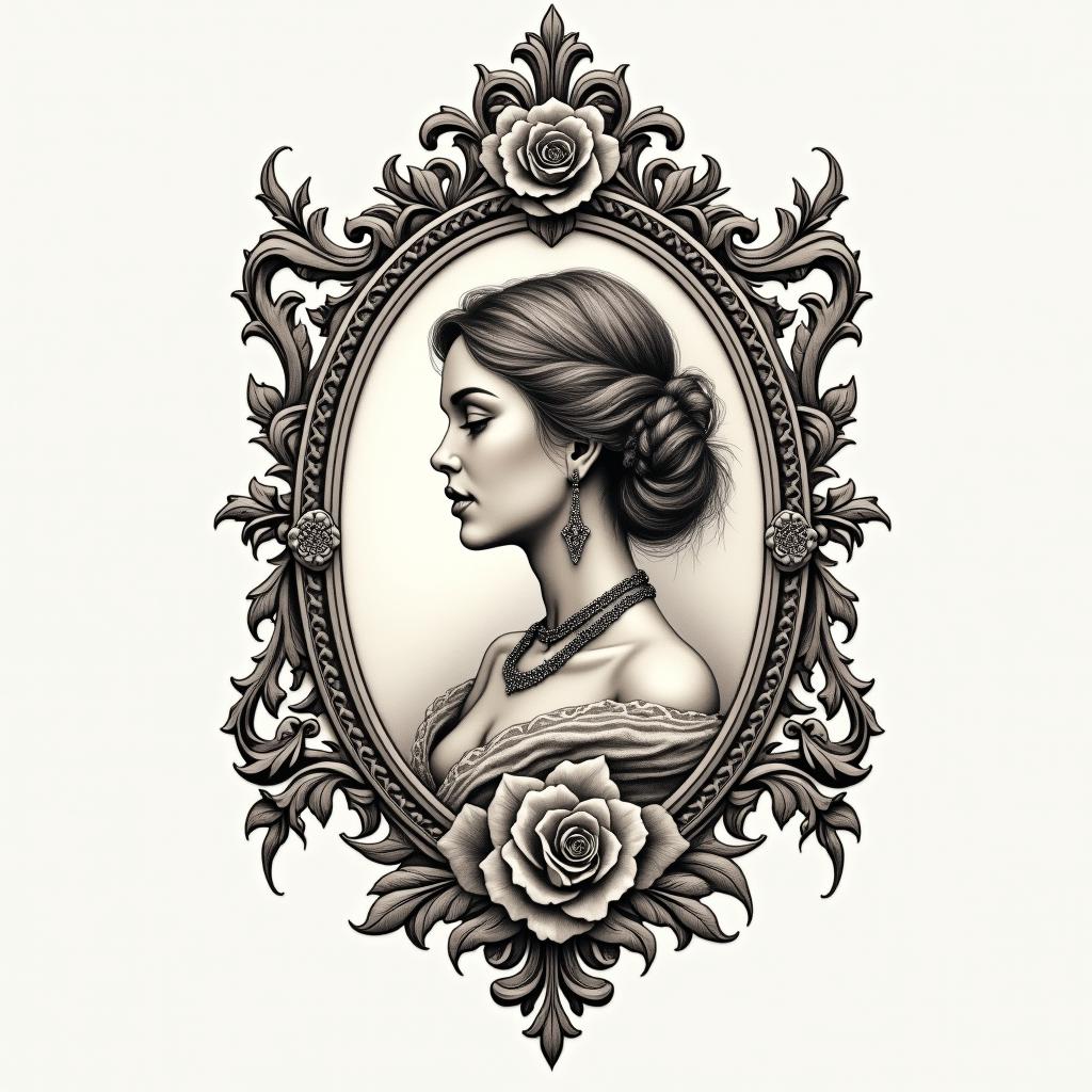 Griechischer stylein victorian style tattoo, featuring vintage and elegant elements, ornate frames, roses, antique, sepia-toned color scheme - Variation 4
