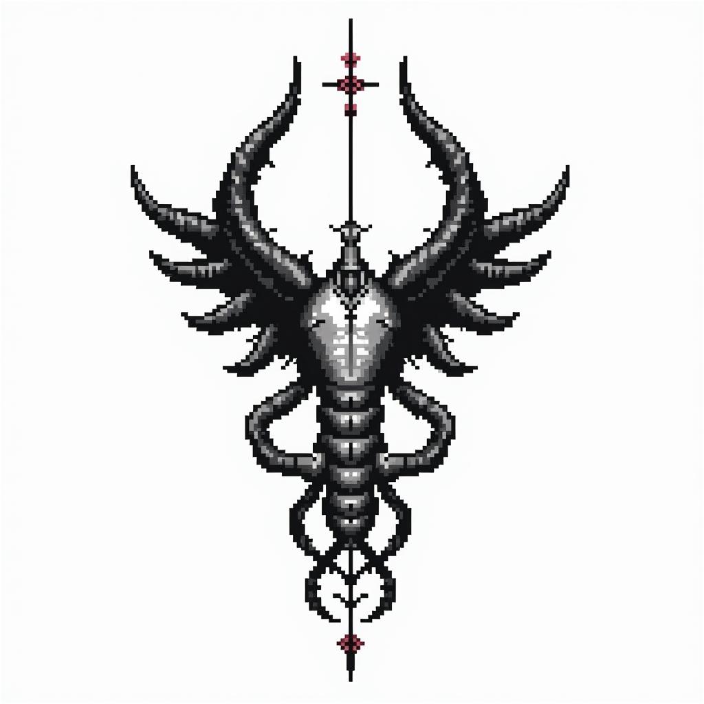 Kendriana, Scorpio, Hahirain 8-bit tattoo style, minimalistic pixel style tattoo, pixel art with simplified shapes and retro gaming visuals, inspired by 8-bit pixel based detailing - Variation 3