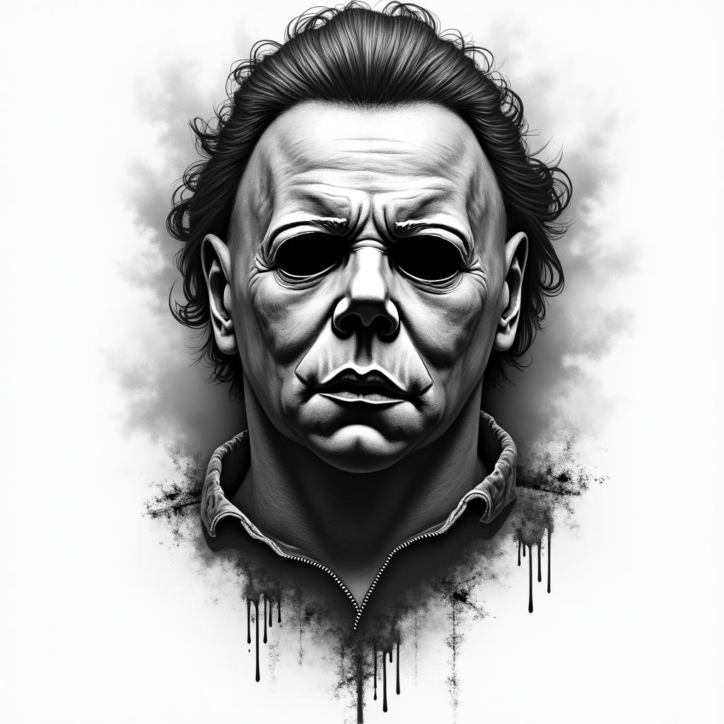 Michael Myers in horror tattoo style, showcasing haunting and unsettling, dark and gritty textures with skulls, eerie faces, jgged designs, bold and intense shading - Variation 3