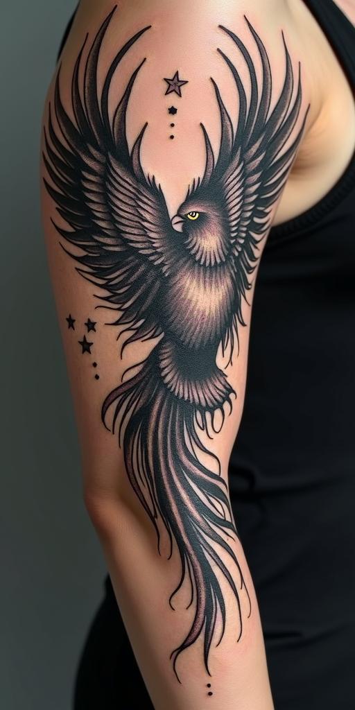 arm cover up, mother of 3 kids relating to a phoenixin graffiti style tattoo, featuring bold and dynamic street art elements, spray-paint texture with exaggerated lines and expressive, chaotic brushstrokes, intricate lettering incorporated with graffiti tags, symbols like hearts, stars, and wings - Variation 4