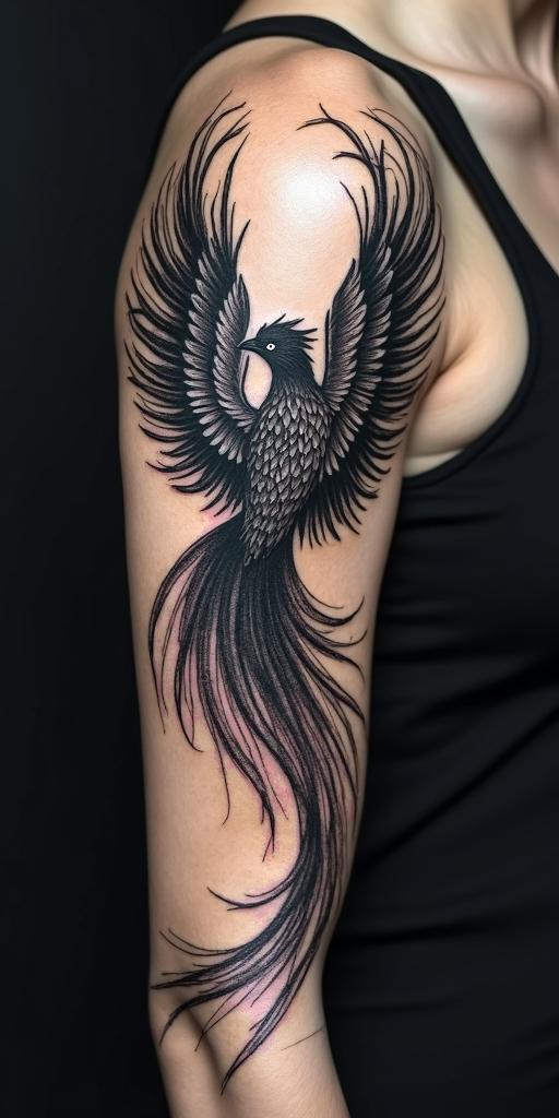 arm cover up, mother of 3 kids relating to a phoenixin graffiti style tattoo, featuring bold and dynamic street art elements, spray-paint texture with exaggerated lines and expressive, chaotic brushstrokes, intricate lettering incorporated with graffiti tags, symbols like hearts, stars, and wings