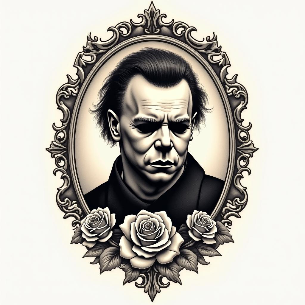 Michael Myersin victorian style tattoo, featuring vintage and elegant elements, ornate frames, roses, antique, sepia-toned color scheme - Variation 2