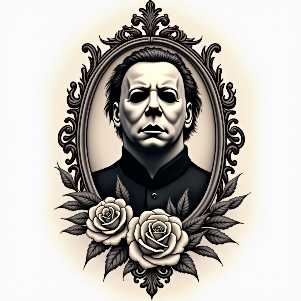 Michael Myersin victorian style tattoo, featuring vintage and elegant elements, ornate frames, roses, antique, sepia-toned color scheme - Variation 1