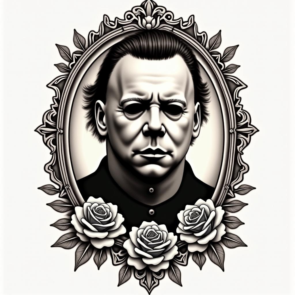Michael Myersin victorian style tattoo, featuring vintage and elegant elements, ornate frames, roses, antique, sepia-toned color scheme - Variation 3