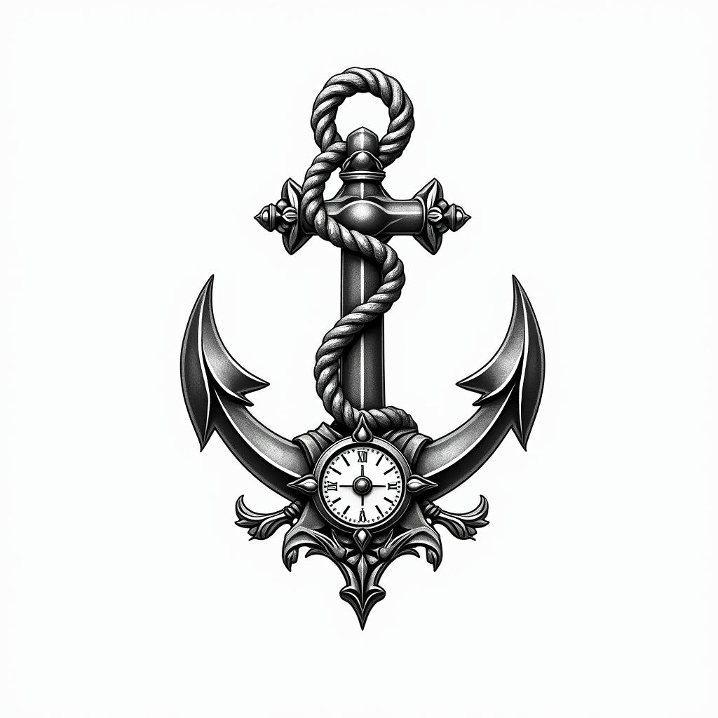 Anchor with nautical rope and compassin ornamental tattoo style, featuring intricate symmetrical patterns and floral designs, showcasing highly detailed line work and geometric shapes, creating a sense of elegance and balance