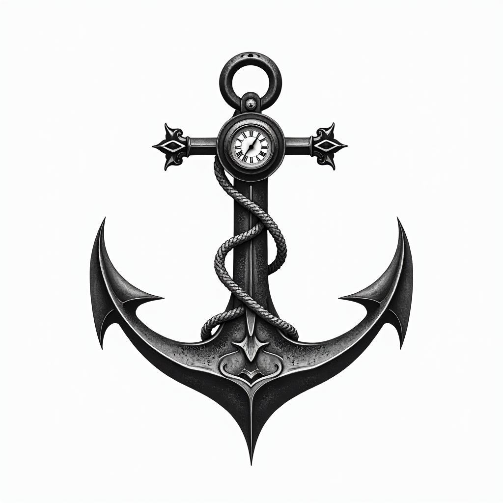 Anchor with nautical rope and compassin ornamental tattoo style, featuring intricate symmetrical patterns and floral designs, showcasing highly detailed line work and geometric shapes, creating a sense of elegance and balance - Variation 2