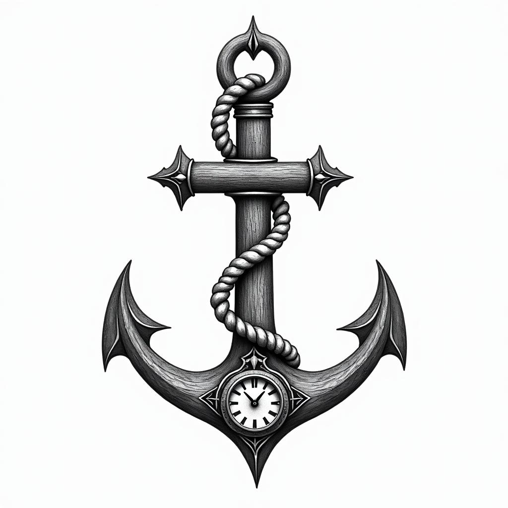 Anchor with nautical rope and compassin ornamental tattoo style, featuring intricate symmetrical patterns and floral designs, showcasing highly detailed line work and geometric shapes, creating a sense of elegance and balance - Variation 4