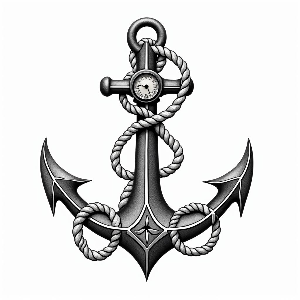 Anchor with nautical rope and compassin ornamental tattoo style, featuring intricate symmetrical patterns and floral designs, showcasing highly detailed line work and geometric shapes, creating a sense of elegance and balance - Variation 3