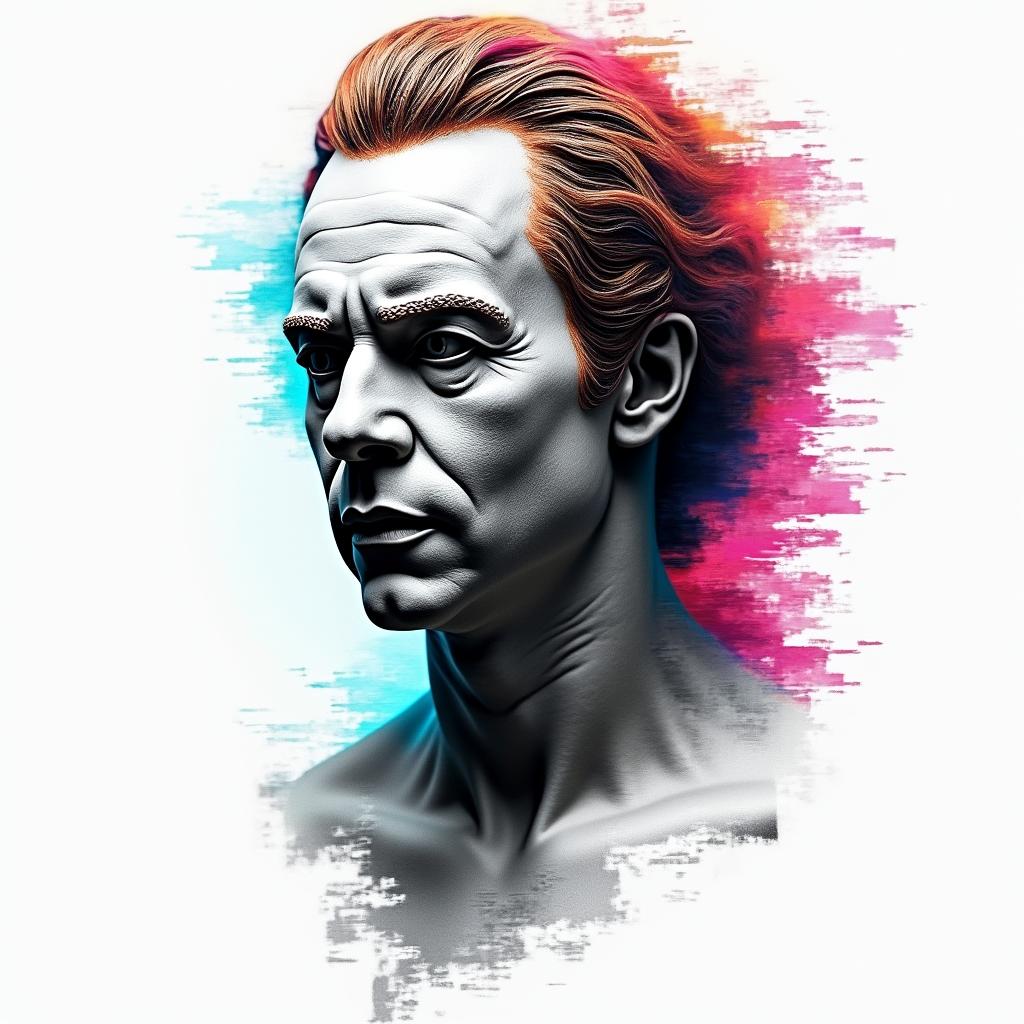 Michael myersin distorted and fragmented tattoo design, featuring a classical statue bust, in a glitch art style with vibrant, overlapping colors of cyan, magenta, and yellow, creating a digital distortion effect - Variation 4