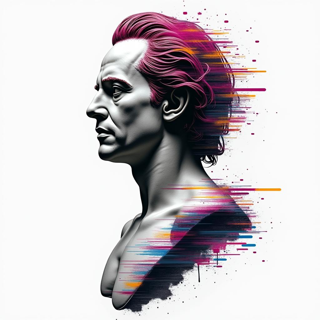 Michael myersin distorted and fragmented tattoo design, featuring a classical statue bust, in a glitch art style with vibrant, overlapping colors of cyan, magenta, and yellow, creating a digital distortion effect